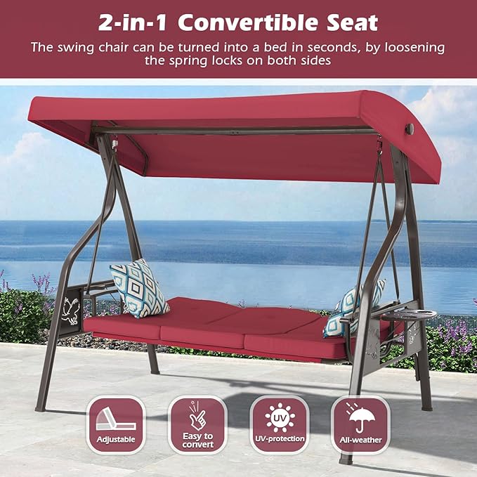 3-Seat Outdoor Porch Swing with Stand, Patio Swing with Canopy, 2 in 1 Porch Swing Bed & Patio Swing Chair for Adult w/Extra Pillows and Cup Holder for Yard (Wine Red) zzw