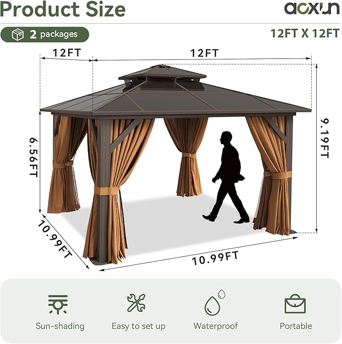 Aoxun 12'x12' Hardtop Gazebo, Aluminum Frame Permanent Pavilion with Curtains and Netting, Outdoor Polycarbonate Double Roof Canopy, Designed for Garden, Lawns, Patio, Brown Aoxun