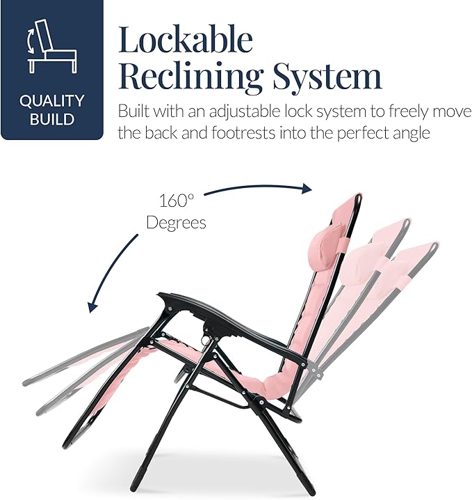Best Choice Products Oversized Padded Zero Gravity Chair, Folding Outdoor Patio Recliner, XL Anti Gravity Lounger for Backyard w/Headrest, Cup Holder, Side Tray, Polyester Mesh - Bubblegum Pink BestChoiceProducts