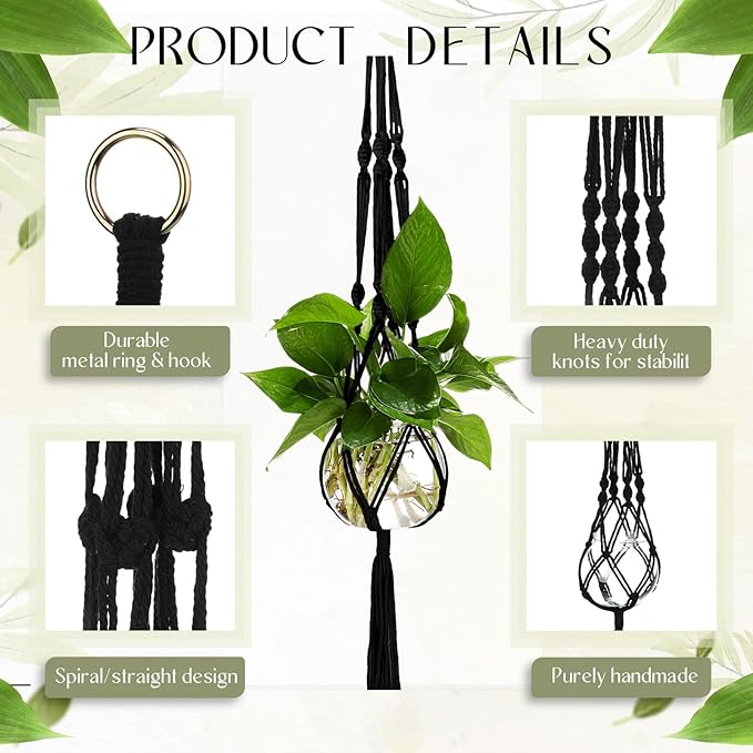 6 Pcs Plastic Plant Propagation with Boho Macrame Hanger Wall Plant Propagation Station Hanging Holder Include Hooks Kit for Indoor Home Garden Office Decor 3 Size (Black) Colingmill