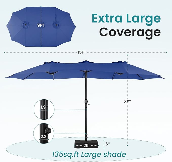 DUMOS 15FT Large Patio Umbrella with Base Included, Rectangle Table Umbrella Outdoor Patio, Outside Umbrellas for Deck, Market, Backyard, Blue DumosLifestyle