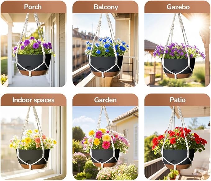 12 Inch Hanging Baskets for Plants Outdoor, Hanging Planters for Indoor Outdoor Plants, Hanging Planter with Self Watering, Hanging Flower Pots (Black Planter with Macrame + Iron Hangers) LesOasis