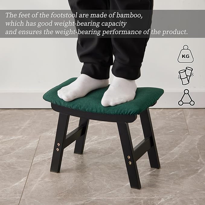 Foot Stool,Ottoman,Bamboo Small Sofa Foot Rest Under Desk,Extra Seating for Living Room, Bedroom and Kitchen (Black Stool Legs - Green Surface) Kitsanery