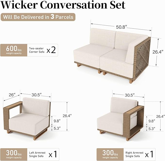 6 Pieces Patio Furniture Set,Outdoor Rattan Wicker Sectional Sofa with 10''Ultra-Thick Cushions,All Weather Patio Conversation Set for Lawn Garden Backyard,Beige SUNSHINEVALLEY