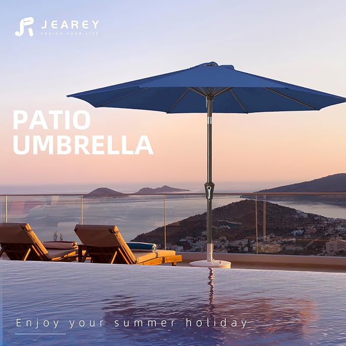 JEAREY 9FT Outdoor Patio Umbrella Outdoor Table Umbrella with Push Button Tilt and Crank, Market Umbrella 8 Sturdy Ribs UV Protection Waterproof for Garden, Deck, Backyard, Pool (Dark Blue) JEAREYOutdoorsCollection