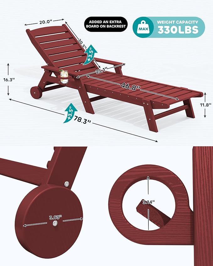 SERWALL Patio Chaise Lounge Chair Set of 2, 78'' Long 5-Positions Adjustable HDPE Outdoor Lounger for Pool, Poly Lounge Chair with Rolling Wheels & Cup Holder for Poolside, Deck, Dark Red SERWALL