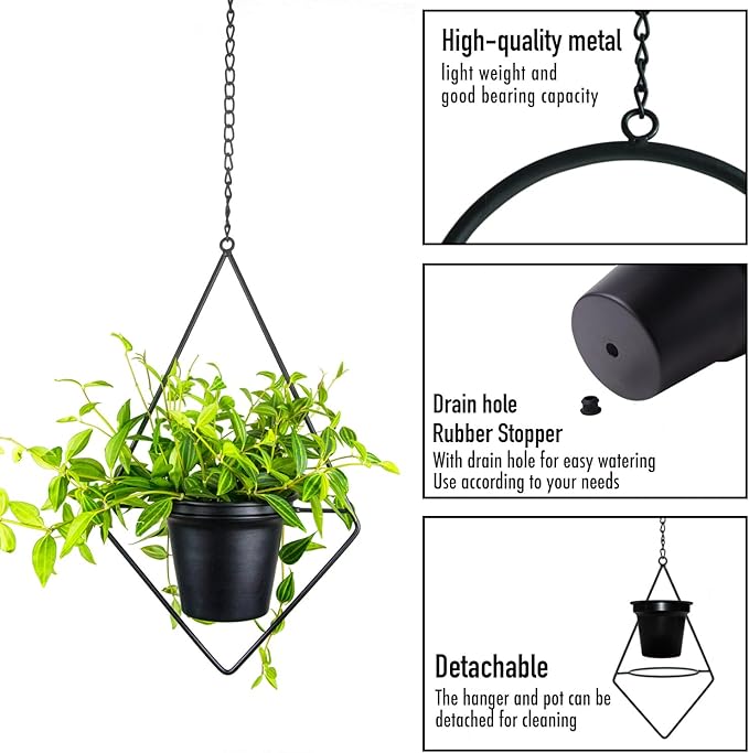 Metal Hanging Planters, Modern Plant Hanger with 5 inch Flower Pot, Set of 2 Black Plant Holder in Diamond and Round Shape, Small Wall and Ceiling Planter for Indoor Plants, Home Décor HemePaha