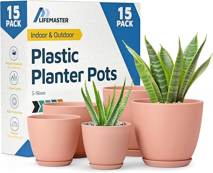 Pink Plant Pots with Drainage Holes & Saucers 15 Pack, Indoor & Outdoor Stackable Space-Saving Planters for Houseplants & Flowers, (7", 6.7", 6", 5.3", and 4.8" Inches), Durable & Weatherproof LIFEMASTER