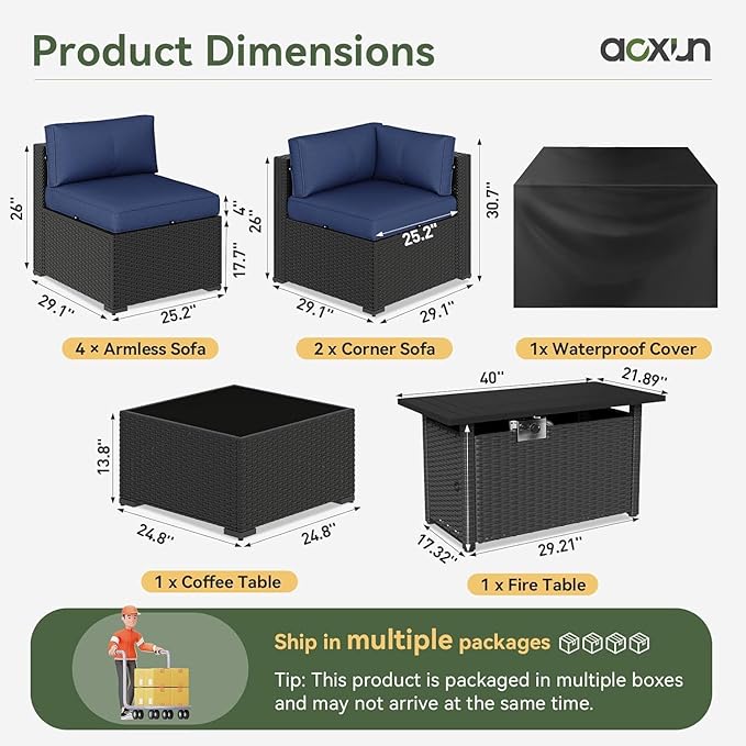 Aoxun 8 Piece Patio Furniture Set with 44” Fire Pit Table, Wicker Rattan Patio Sectional Sofa, Outdoor Furniture Set with Thickened Cushion, Blue Aoxun