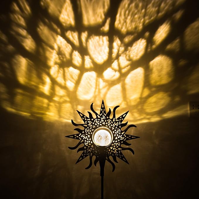 HOMEIMPRO Large Sun Solar Garden Decor Lights Outdoor Garden Gifts Mom Dad, Crackle Glass Metal Stake Backyard Decor, Waterproof LED Lights for Lawn Patio Ornaments, Mothers Day Gifts for Women Homeimpro