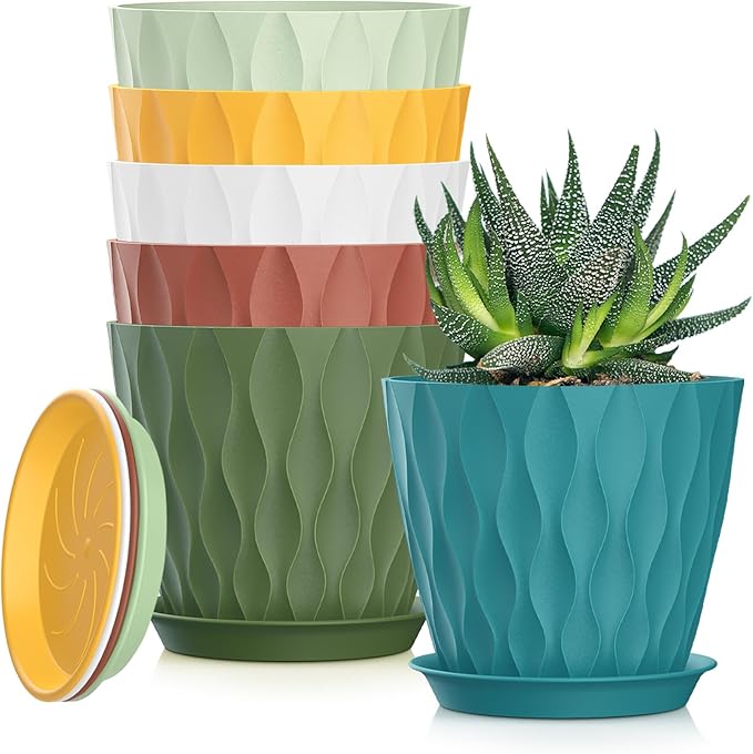 5 Inch Planter Pots, 6 Pack Indoor Planters, Small Flower Pots with Drainage Holes and Tray for Succulents, Orchids, Herbs and Other Indoor Plants (Multicolor, 5inch) SQKH