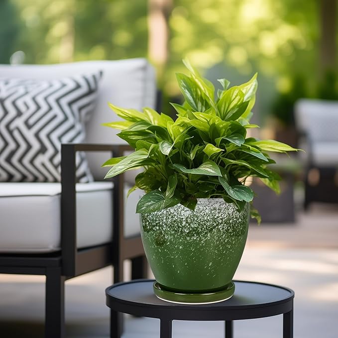 Ceramic Pots for Plants - 8 Inch Planter for Indoor Outdoor Plants, Round Planter, Large Flower Pot with Drainage and Saucer, Home Room Garden Office Decor, Birthday Gifts, Green EPFamily