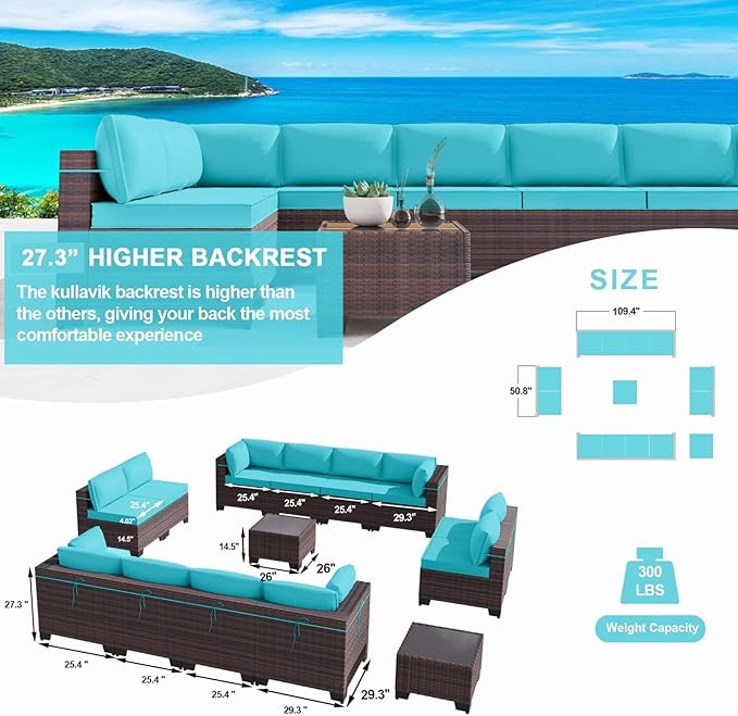 Kullavik 14 Pieces Outdoor Patio Furniture Set PE Wicker Rattan Sectional Sofa Patio Conversation Sets,Blue KULLAVIK