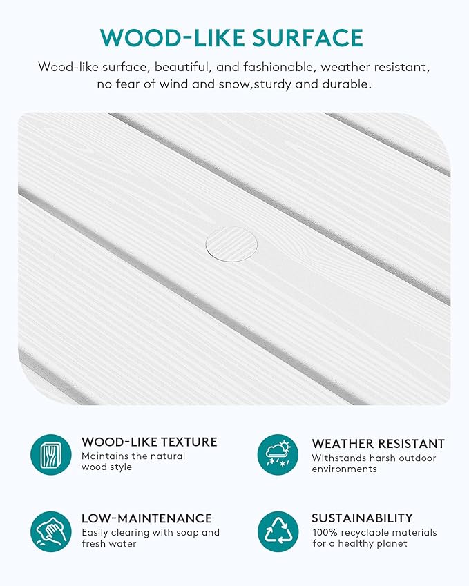 SERWALL Outdoor Coffee Table with 9FT Umbrella, HDPE Patio Coffee Table for Outside, Rectangle, White(Not Include Umbrella Base) SERWALL