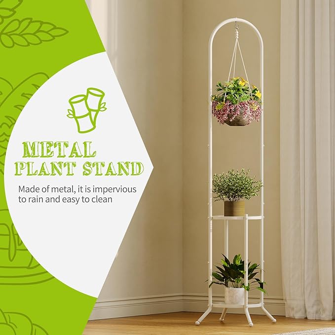 BMOSU Plant Stand with Hooks Indoor Outdoor Corner Tall Plant Stand Heavy-Duty Metal 3-Tier Plant Shelf Holder Rack for Patio Garden Balcony Living Room Bedroom(circular White) BMOSU