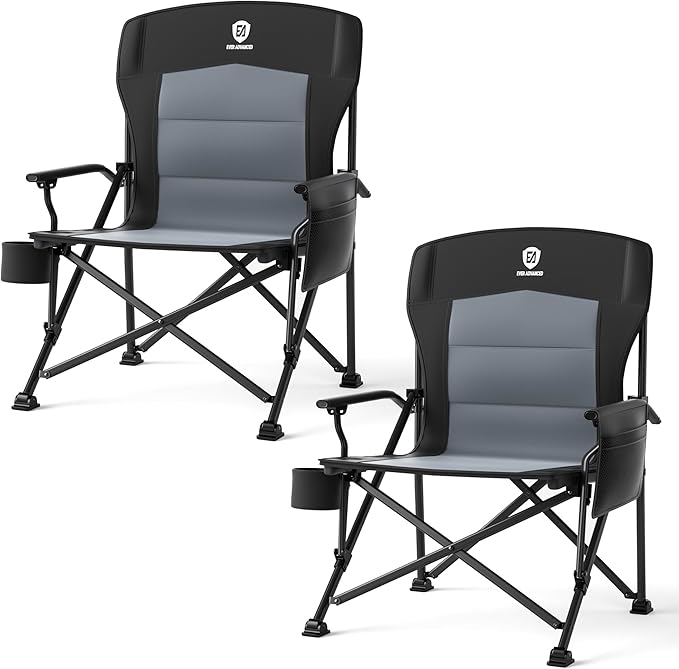 EVER ADVANCED Oversized Folding Camping Chair for Adults, Heavy Duty Lawn Chair with Side Pockets, Portable Collapsible Quad Chair for Outside, Support Up to 500lbs, Black 2PACK EVERADVANCED