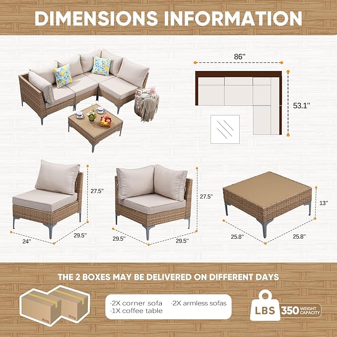5 Piece Wicker Patio Furniture Set,Outdoor Conversation Sectional Sofa w/Coffee Table,All-Weather Outdoor Sofa with Thick and Anti-Slip Cushions for Deck,Poolside,Garden,Beige JOYURE