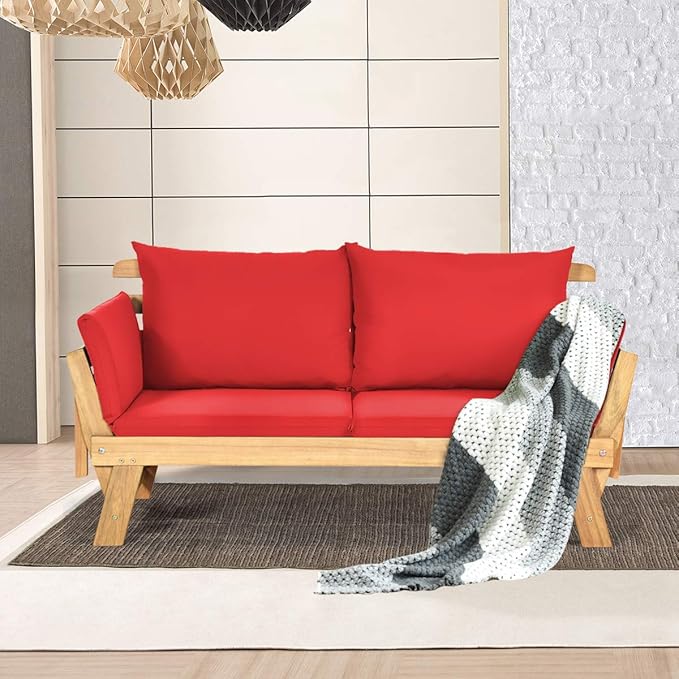 Tangkula Convertible Acacia Wood Patio Couch Sofa Bed with Adjustable Armrest, Outdoor Daybed with Cushion & Pillows, Outside Folding Futon Sofa Couch Bench for Porch, Courtyard, Poolside & Garden TANGKULA