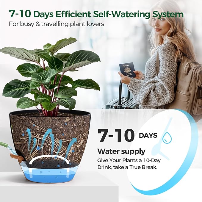 T4U 2 Pack 8 Inch Self Watering Pots - Water Level Indicator & Deep Reservoir, Mess-Free Planter for Busy People, Beginners & Gardeners, Pothos/Herbs/Snake Plants, Indoor Outdoor Use (Black) T4U