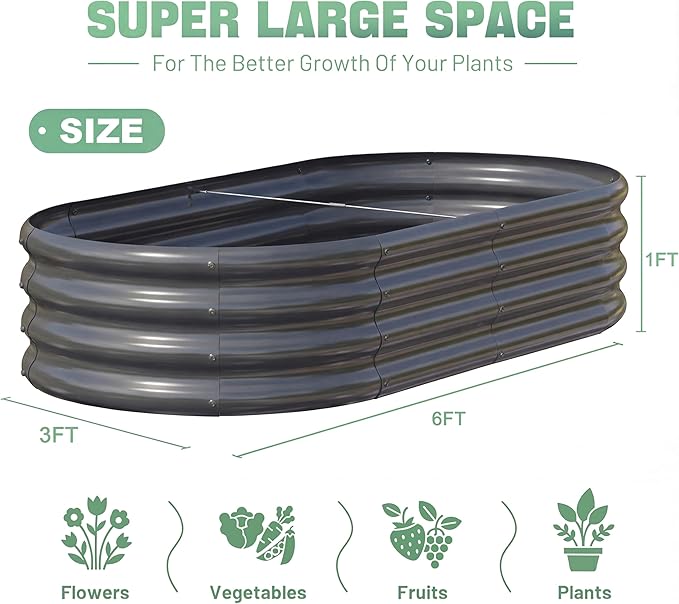 AHEONLAR 3 Pack 6×3×1ft Galvanized Raised Garden Beds, Oval Durable Planter Boxes Outdoor for Vegetables, Fruits, Flowers and Plants, Quick Assembly, Grey AHEONLAR
