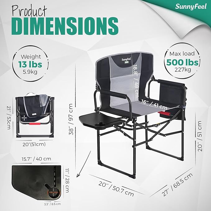 SUNNYFEEL Oversized Camping Directors Chair 500 LBS Heavy Duty, Portable Folding Chair with Side Table, Pocket for Beach, Fishing,Trip,Picnic,Lawn,Concert Outdoor Foldable Camp Chairs SunnyFeelCamping