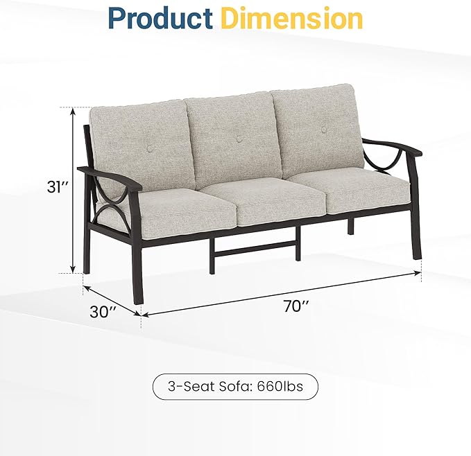 RoyalCraft Patio 3 Seats Sofa, All-Weather Outdoor Couch, Patio Furniture Sofa, Khaki Metal Chair with Beige Cushions Bringyoubetterlife