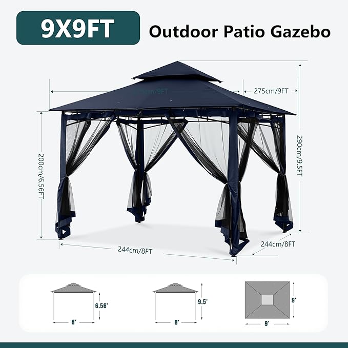 MASTERCANOPY Outdoor Garden Gazebo for Patios with Stable Steel Frame and Netting Walls (9x9,Navy Blue) MASTERCANOPY