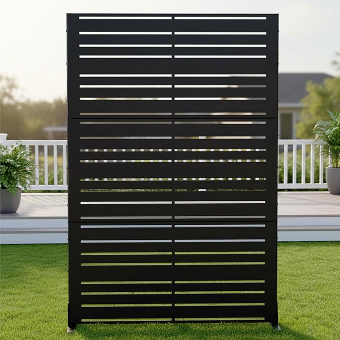 Casaphoria Metal Privacy Screen Outdoor, 72" H x 47" W Freestanding Decorative Privacy Screen for Patio Deck Balcony Garden with Stable Base, Black-Benjamin Casaphoria