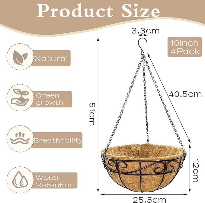 Outdoor Metal Hanging Planters Basket (4pack, 10 inch) Hanging Baskets for Plants Chain Round Wire Plant Holder with Coco Fiber Liners for Garden, Patio, Deck, Porch(Flower Border) EIMQUVW