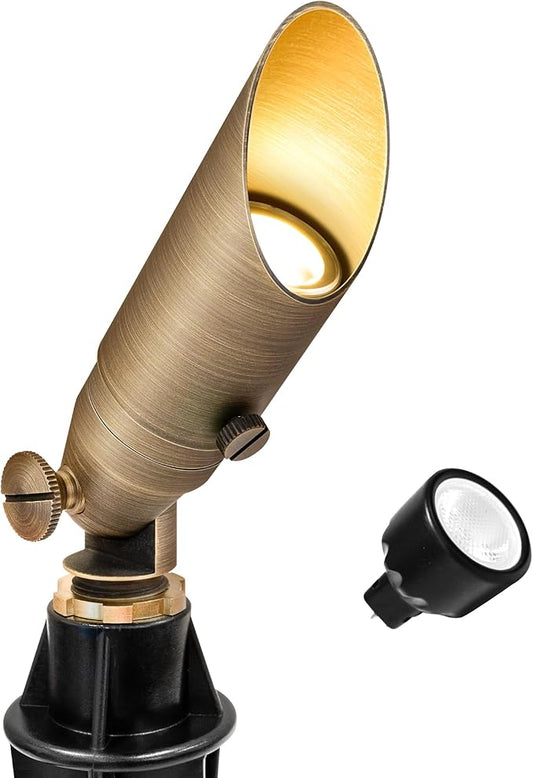 GKOLED Low Voltage Solid Brass LED Spotlight with MR8 Bulb, Outdoor Waterproof Landscape Lighting, Adjustable Uplights with Stake for House Garden Trees Lawn Patio Yard Fence, 3W 12V 180LM 2700K GKOLED