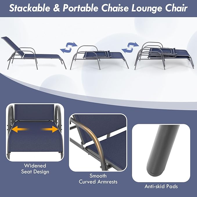 Giantex Patio Lounge Chair, Outdoor Chaise Lounge with 5 Adjustable Backrest, Sturdy Steel Frame, Sunbathing Recliner, Tanning Chair for Beach, Outside, Yard, Balcony, Pool Chairs, Navy Giantex