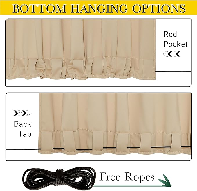 NICETOWN 2 Panels Outdoor Curtains Waterproof Pocket & Back Tab on Top & Bottom, Thermal Insulated Windproof Sun Blocking Outside Privacy Drapes for Patio with Fixed Rope, W84 x L95, Biscotti Beige NICETOWN