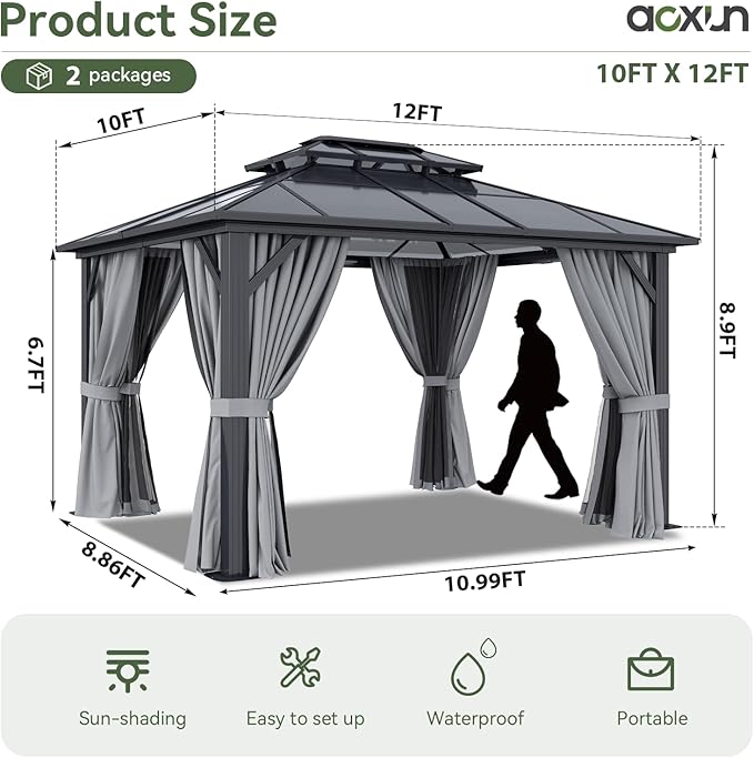 Aoxun 10'x12' Hardtop Gazebo, Aluminum Frame Permanent Pavilion with Curtains and Netting, Outdoor Polycarbonate Double Roof Canopy, Designed for Garden, Lawns, Patio Aoxun
