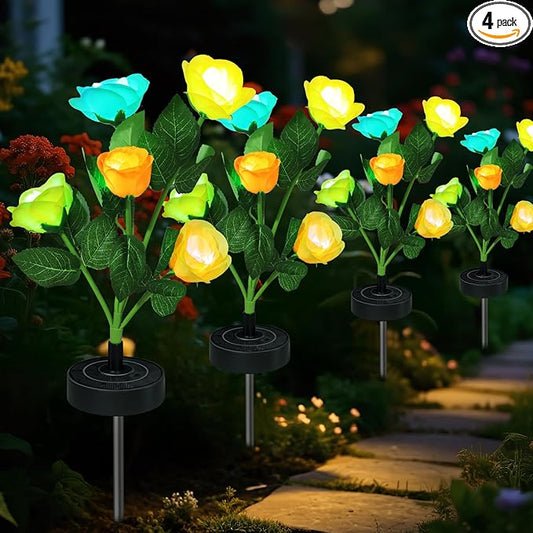 Upgraded Solar Garden Lights, 4 Pack Outdoor Solar Lights, New Round Panel for 40-Hour Runtime, Serve as Outdoor & Indoor Decor, 7-Color Changing Flower Lights, Waterproof for Patio Yard Decoration Rootora