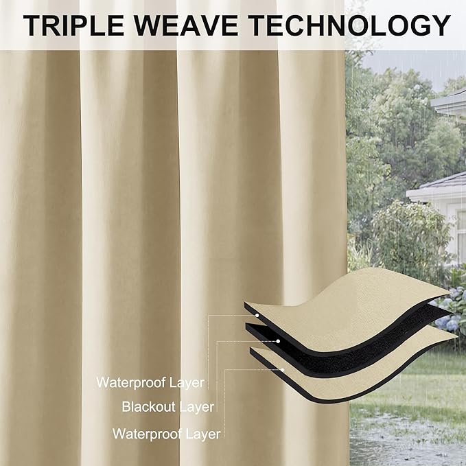 RYB HOME Extra Wide Outdoor Curtains for Patio Waterproof Heavy Duty Thermal Insulated in Summer Full Coverage Privacy for Porch, Cabana & Pool, W150 x L84, Biscotti Beige, 1 Panel RYBHOME