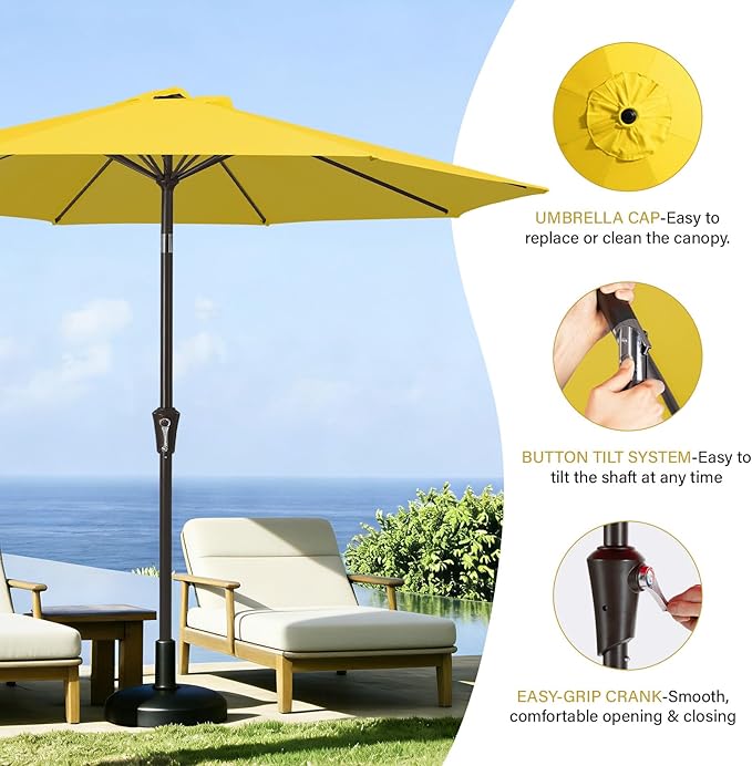 MEWAY 9ft Patio Umbrella Outdoor Table Umbrellas with Push Button Tilt and Crank, Market Umbrella 8 Sturdy Ribs for Deck, Garden, Pool and Backyard, Yellow MEWAY