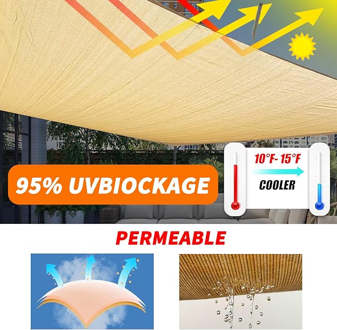 8'x8' Sun Shade Sail Curved Commercial Outdoor Shade Cover Turquoise Rectangle Heavy Duty Permeable 185GSM Outdoor Shades for Patio Garden Sandbox OOTONAT