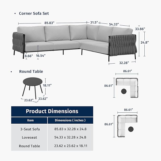 East Oak Corner Patio Furniture Set | Life Chatter 5-Seat Outdoor Furniture | Deep Seating Corner Sofa with Round Coffee Table | Extra-Thick & Washable Cushions | Misty Grey EASTOAK