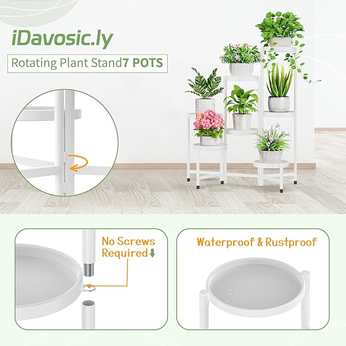 iDavosic.ly Plant Stand Indoor Outdoor, 7 Tier Corner Metal Flower Display Holder Shelf, Easy Assembly Folding Tall Orchid Rack for Patio Balcony Porch Garden Living Room House, White iDavosicly