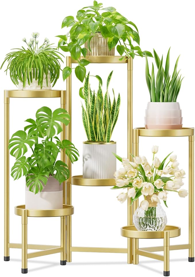 iDavosic.ly Plant Stand Indoor Outdoor, 6 Tier Corner Metal Flower Display Holder Shelf, Easy Assembly Folding Tall Orchid Rack for Patio Balcony Porch Garden Living Room House, Gold iDavosicly