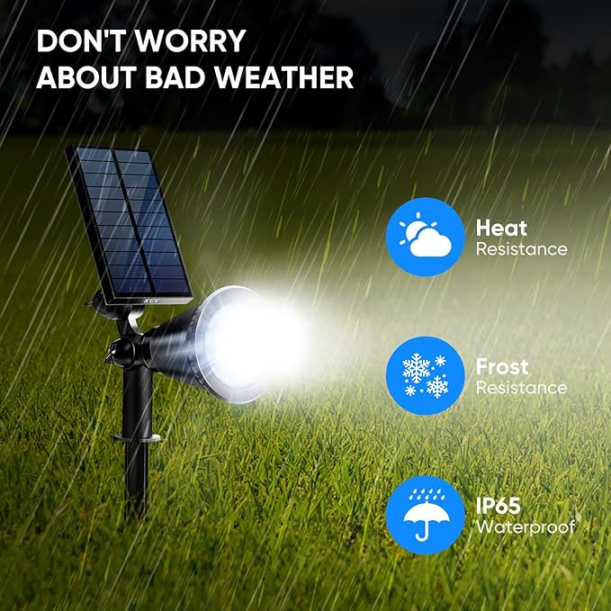 KEV 800 Lumens Solar Spot Lights Outdoor,18 LEDs Solar Flood Lights with 2 Modes &Adjustable &IPX65 Waterproof,Solar Spotlight for Driveway/Backyard/Patio Landscape/Tree/Garage(Cool White, 2 Pack) KEV