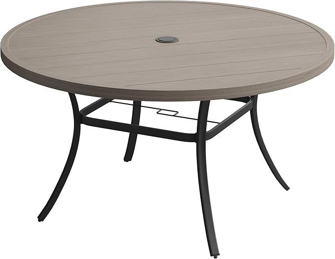 VICLLAX 60" Outdoor Round Patio Table for Lawn Garden, All Weather Metal Round Patio Dining Table with Adjustable Umbrella Hole, Outdoor Table for 8-10 Person, Grey Wood-Like Tabletop HOME