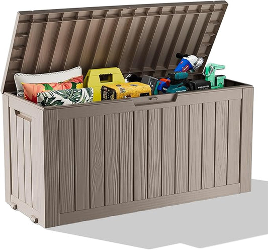 ROJIK Outdoor Storage Housing Deck Box - Waterproof Patio Furniture, Garden Tools, Cushions, Pool Accessories Storage Bench with Lockable Lid and Side Handles (Grey 75 Gal) ROJIK