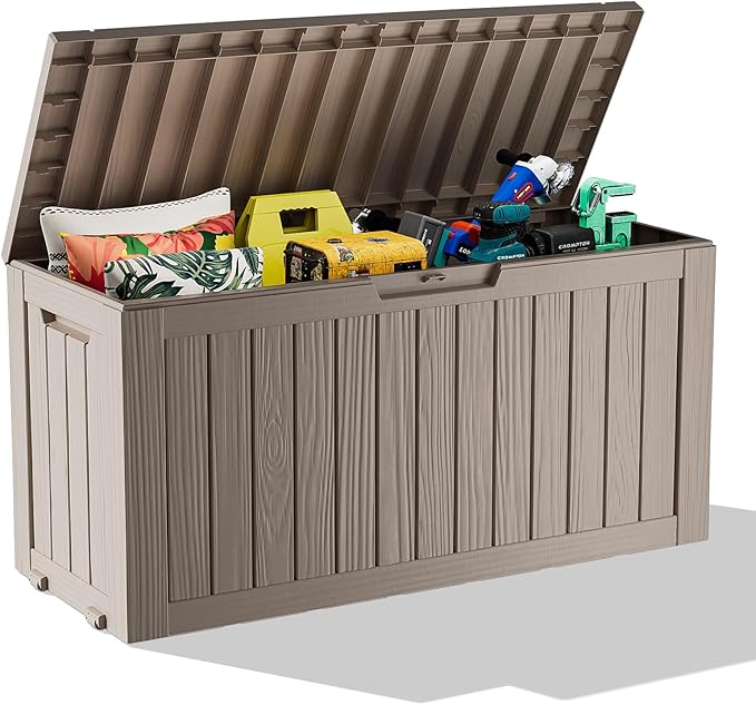 ROJIK Outdoor Storage Housing Deck Box - Waterproof Patio Furniture, Garden Tools, Cushions, Pool Accessories Storage Bench with Lockable Lid and Side Handles (Grey 78 Gal) ROJIK