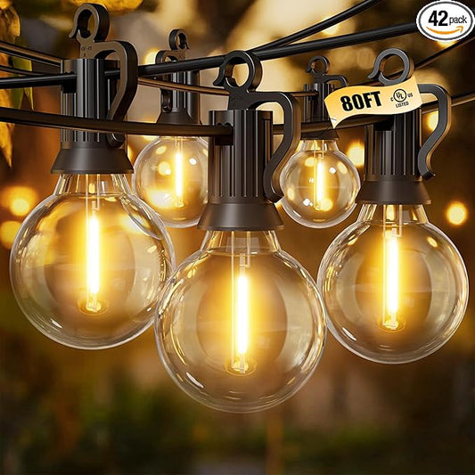 Brightown Outdoor String Lights, 80FT 40+2 G40 Bulbs Shatterproof Patio Lights, IP65 Waterproof Dimmable Hanging Connectable Globe LED Outdoor Lights for Backyard, Bistro, Porch, Deck, Balcony Brightown