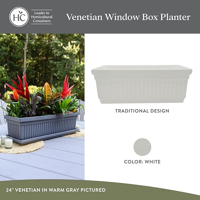 The HC Companies Venetian Window Planter Box w/Drain Plug - Long Planter Box for Windowsills, Balconies & More - Plastic Large Rectangular Outdoor Planters for Herbs & Flowers (24" White, Pack of 1) TheHCCompanies