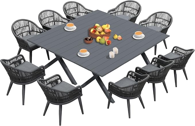 PURPLE LEAF 12 Pieces Patio Dining Set with Outdoor Aluminium Dining Table and Woven Chairs Modern Metal Furniture Cushions Sets for Garden Yard Indoor Decor Kitchen Gray PURPLELEAF