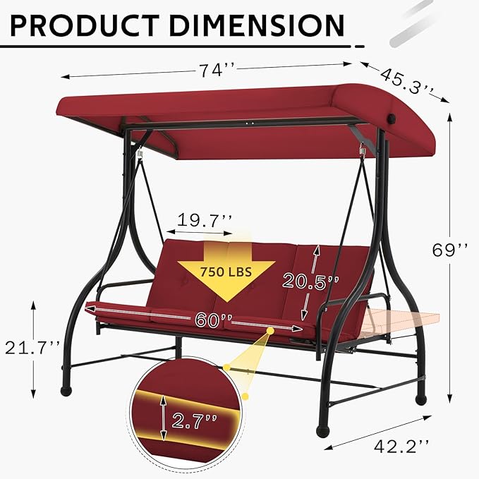 U-MAX Porch Swing with Cover, Patio Swing with Adjustable Backrest&Canopy 3 Seat Outdoor Swing with Canopy 2-in-1 Convertible Patio Daybed with Removable Burgundy Cushions U-MAX