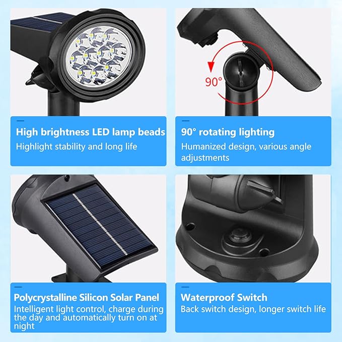 Solar Spot Lights Outdoor，Solar Lights Outdoor Waterproof IP68，Dark Sensing Auto On/Off，Suitable for Garden, Corridor Landscape Lighting and Flag Lighting. (Warm White, 4-Pack) Rootora