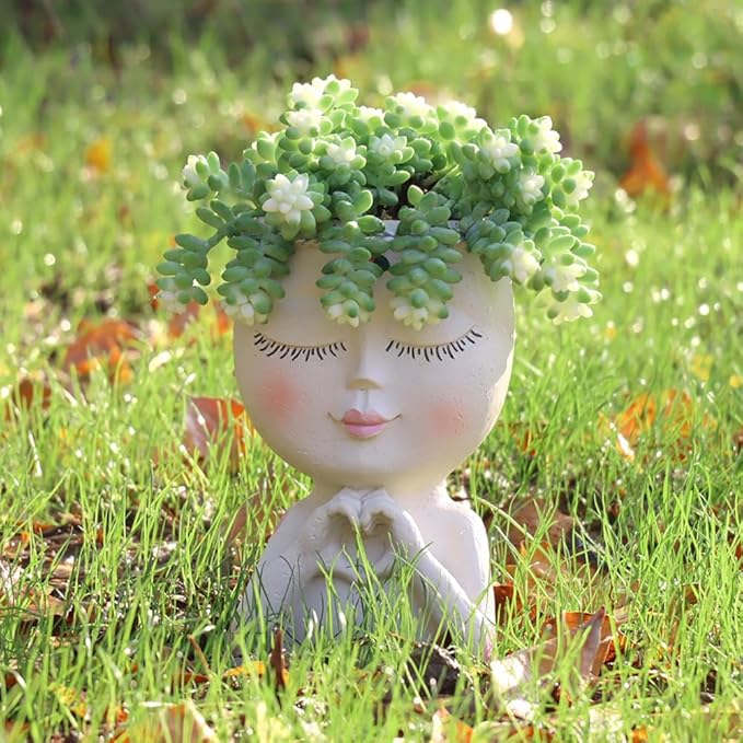 Face Planter Pot with Heart Hands, Resin Head Planter for Indoor Plants, Cute Succulent Pots with Drainage Hole, Gardening Gifts for Women Mom Teacher, 7.3" Home Decor (White) MeltsetM